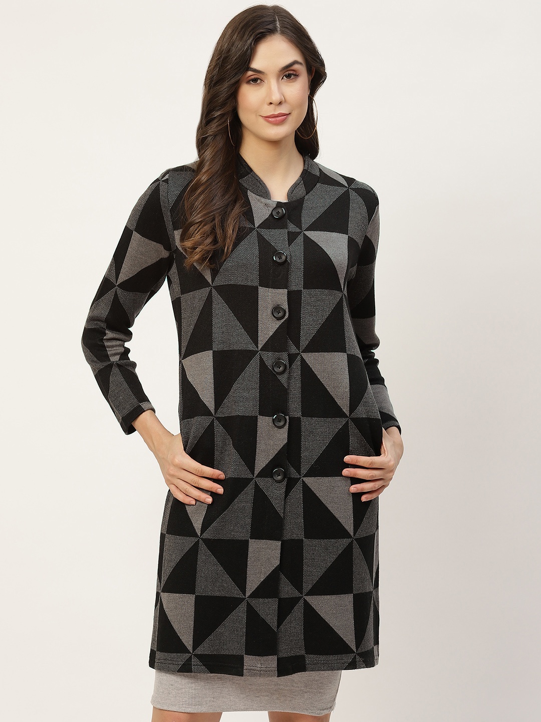 APSLEY Women Grey & Black Printed Longline Cardigan