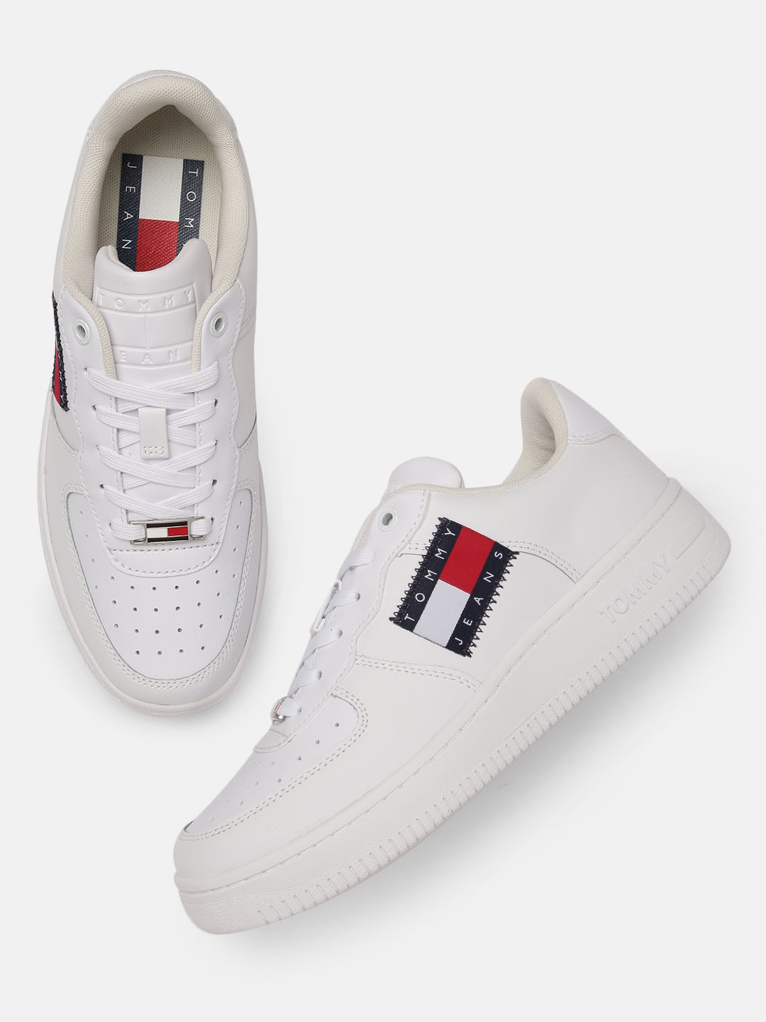 Tommy Hilfiger Women White LOW CUT FLAG BASKET Leather Sneakers