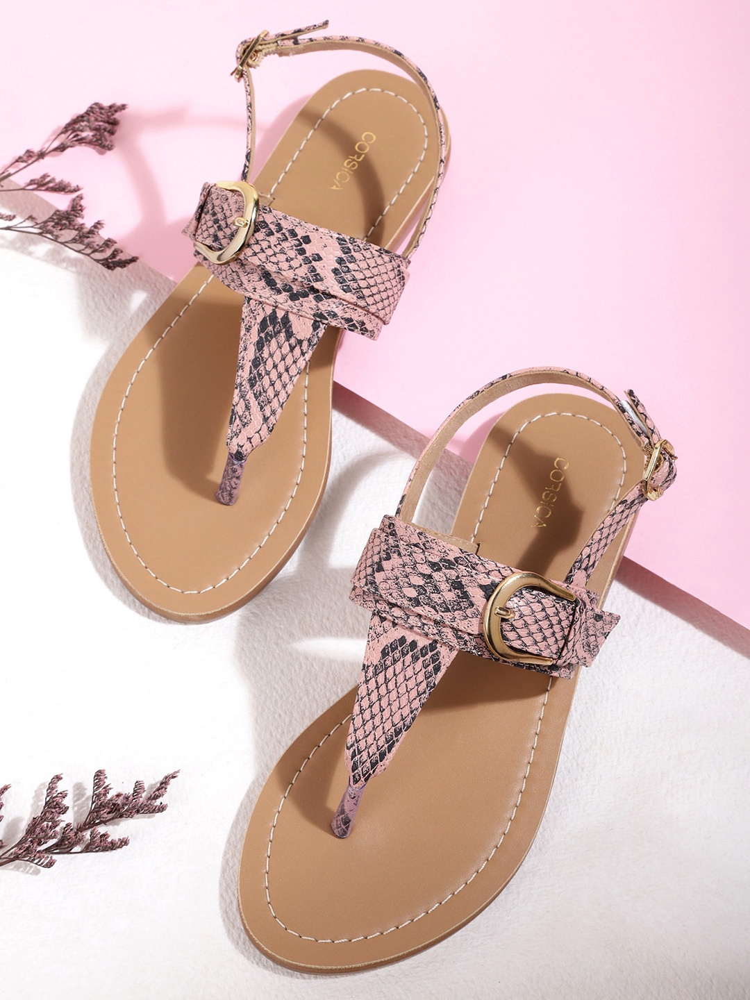 CORSICA Women Peach-Coloured & Black Snakeskin Print T-Strap Flats with Buckle Detail