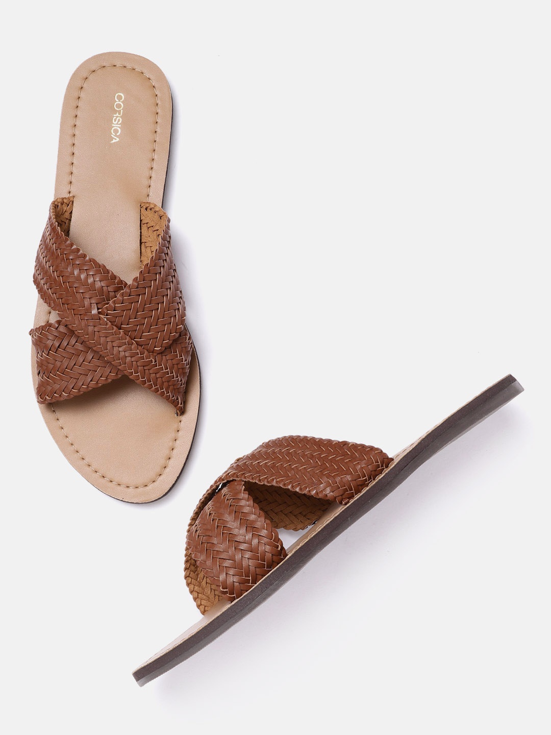CORSICA Women Brown Braided Woven Design Criss-Cross Open Toe Flats