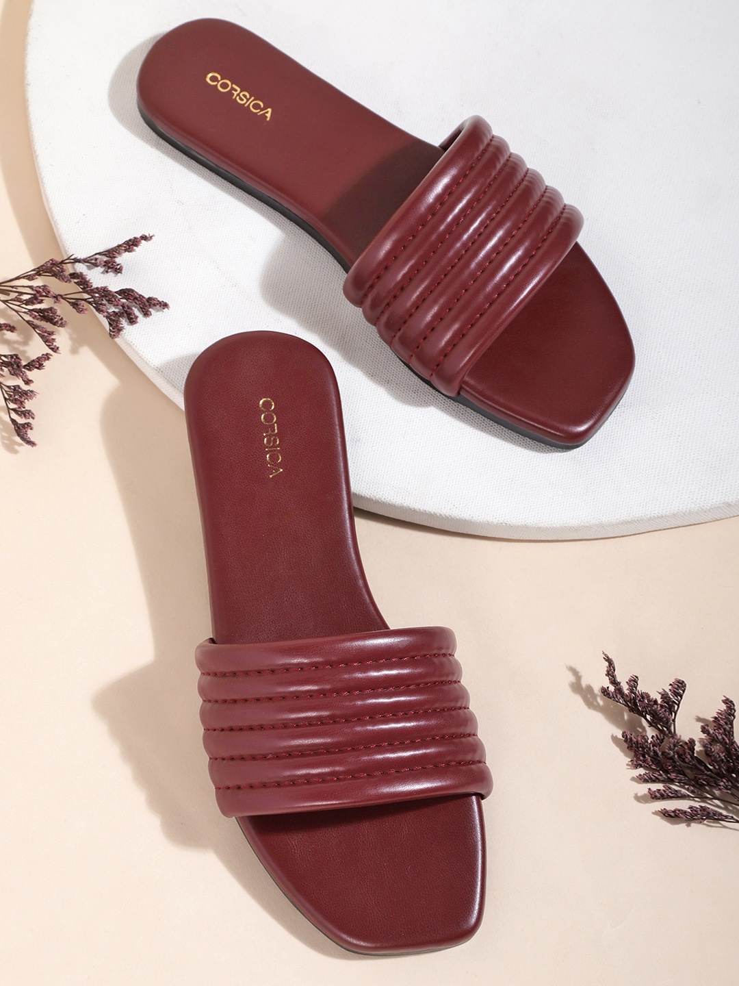 CORSICA Women Maroon Striped Open Toe Flats