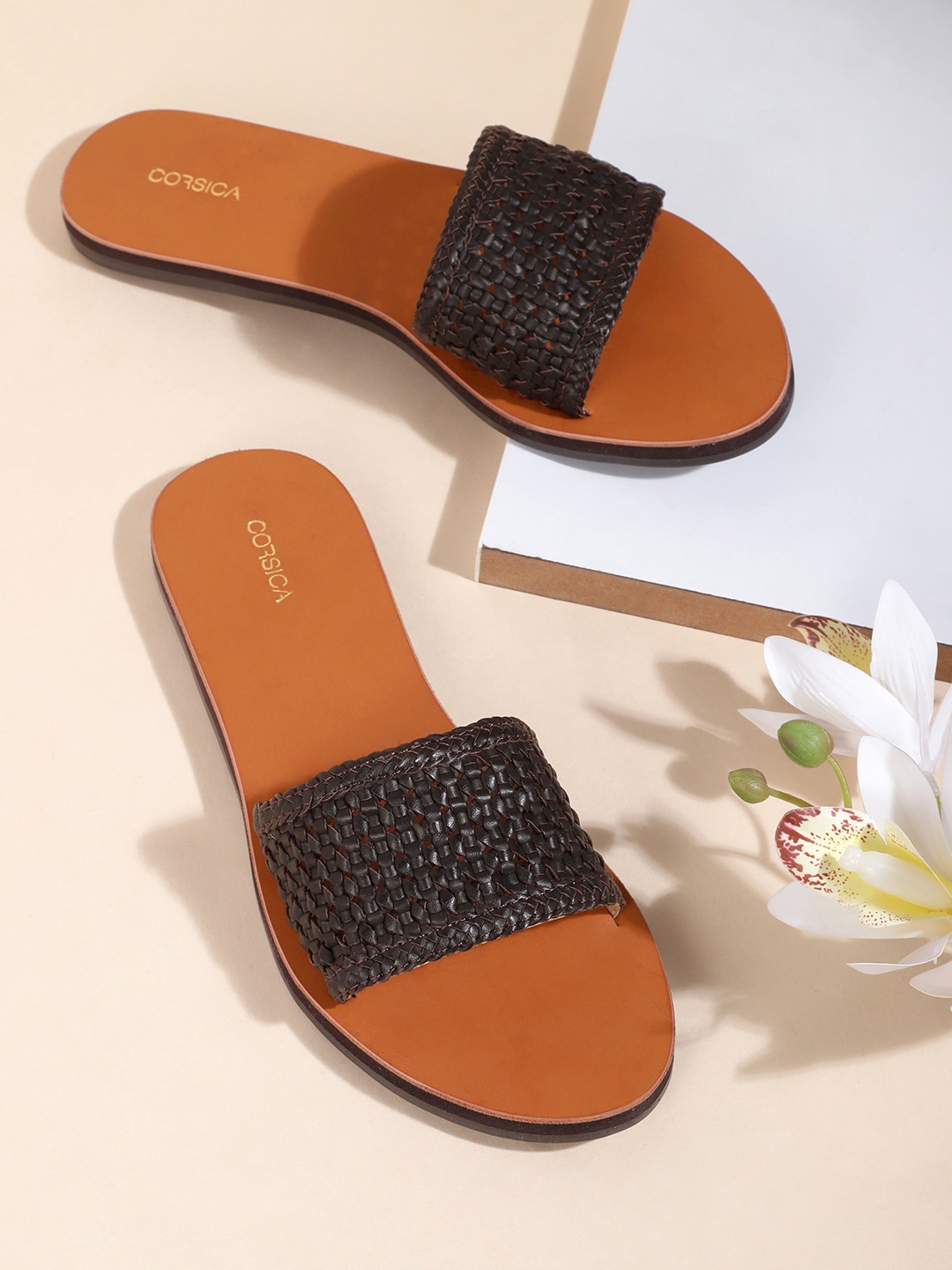 CORSICA Women Coffee Brown Woven Design Open Toe Flats