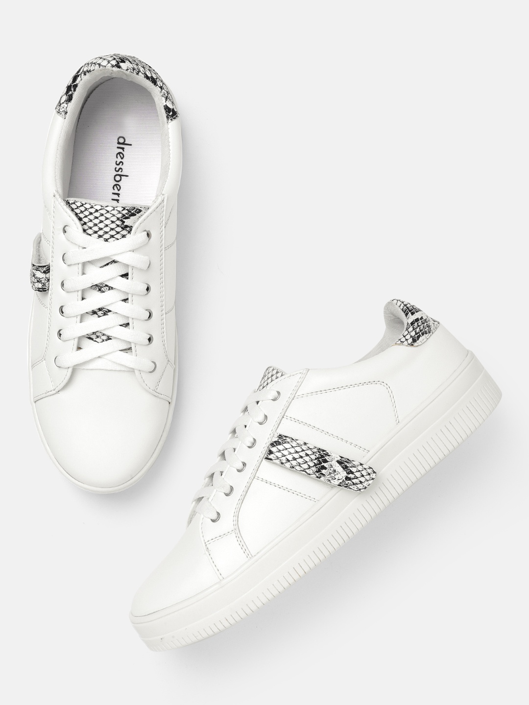 DressBerry Women White & Black Sneakers with Snakeskin Print Detail
