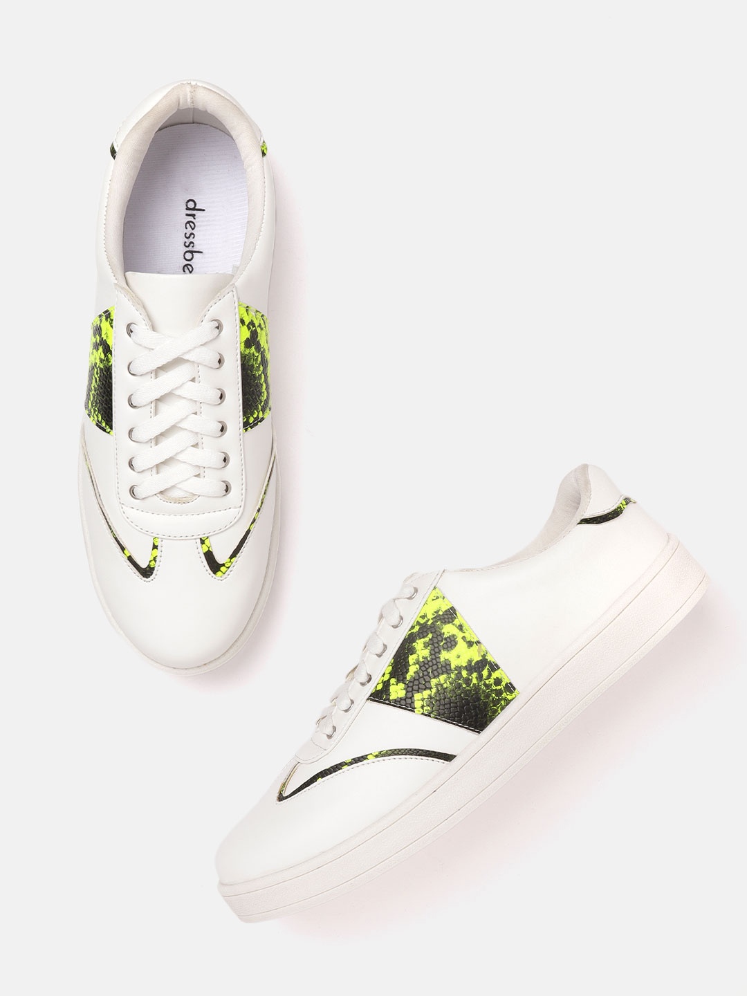 DressBerry Women White & Green Snakeskin Print Sneakers