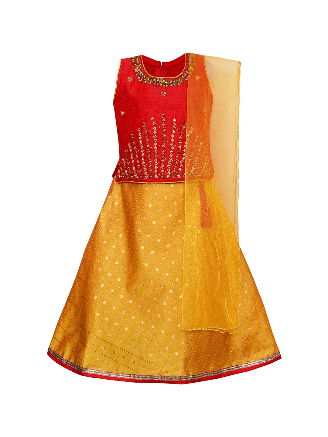 Wish Karo Girls Red & Yellow Embellished Zardozi Ready to Wear Lehenga & Blouse With Dupatta
Wish Karo Girls Red & Yellow Embellished Zardozi Ready to Wear Lehenga & Blouse With Dupatta