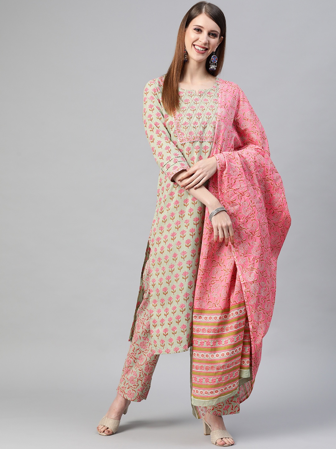 AHIKA Women Green & Pink Floral Printed Pure Cotton Kurta with Trousers & Dupatta
AHIKA Women Green & Pink Floral Printed Pure Cotton Kurta with Trousers & Dupatta