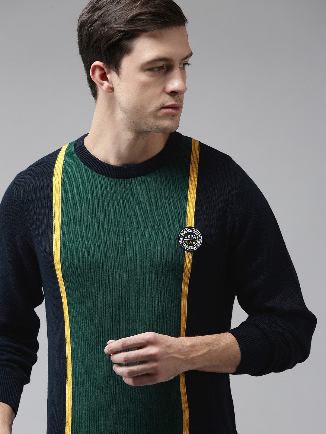 U S Polo Assn Men Navy Blue & Green Colourblocked Round Neck Pure Cotton Pullover Sweater
U S Polo Assn Men Navy Blue & Green Colourblocked Round Neck Pure Cotton Pullover Sweater