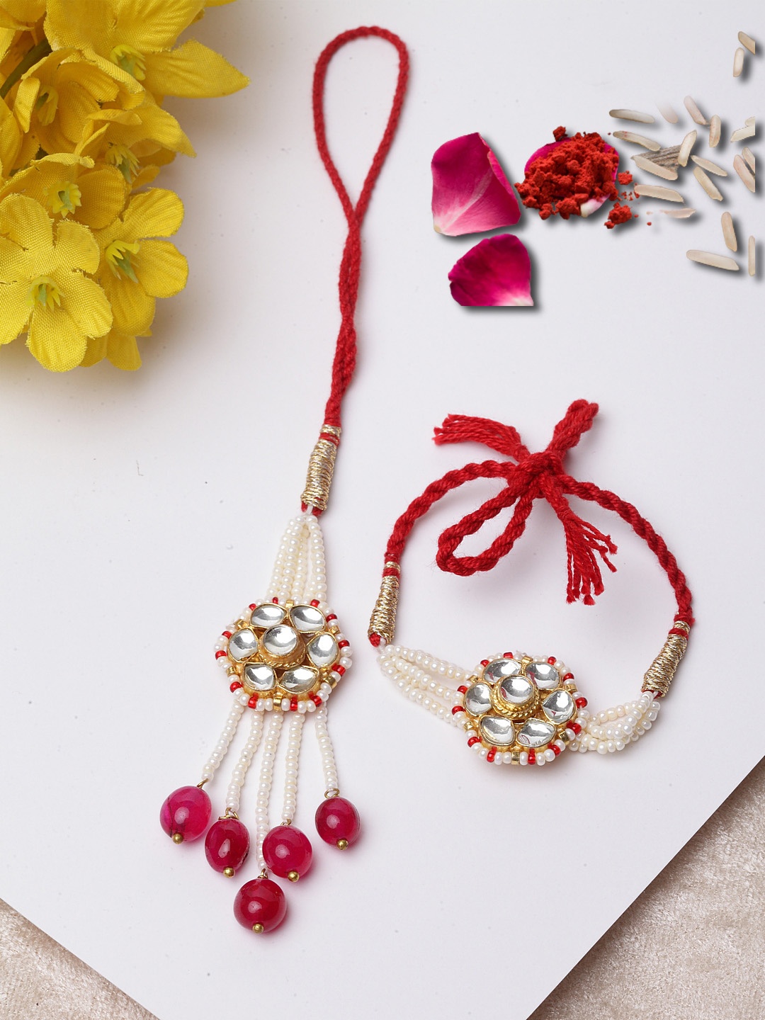 DUGRISTYLE 2 Red Sterling Silver Pearls Handcrafted Gold-Plated Rakhi With Roli & Chawal
DUGRISTYLE 2 Red Sterling Silver Pearls Handcrafted Gold-Plated Rakhi With Roli & Chawal