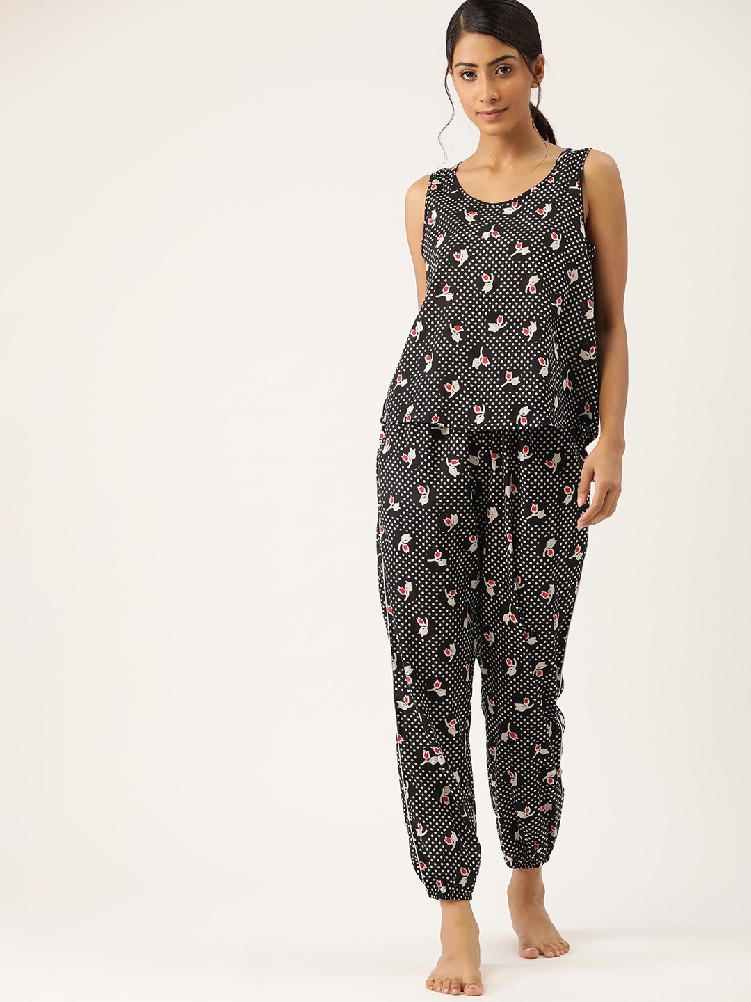 ETC Women Black & Grey Pure Cotton Printed Pyjama Set