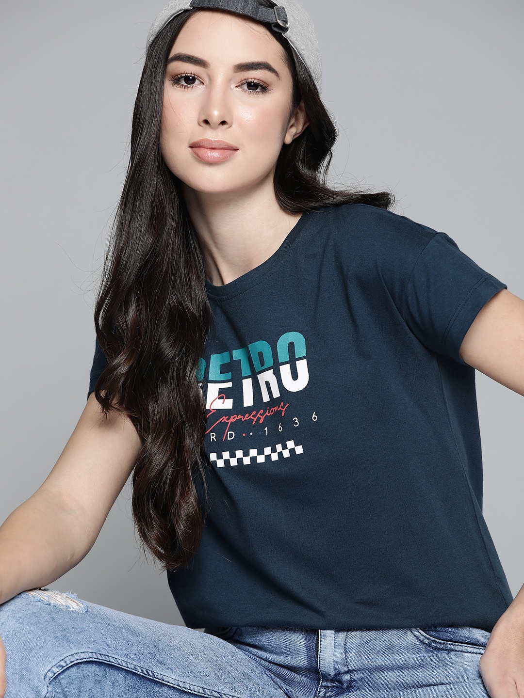 Harvard Women Navy Blue & White Pure Cotton Typography Printed T-shirt