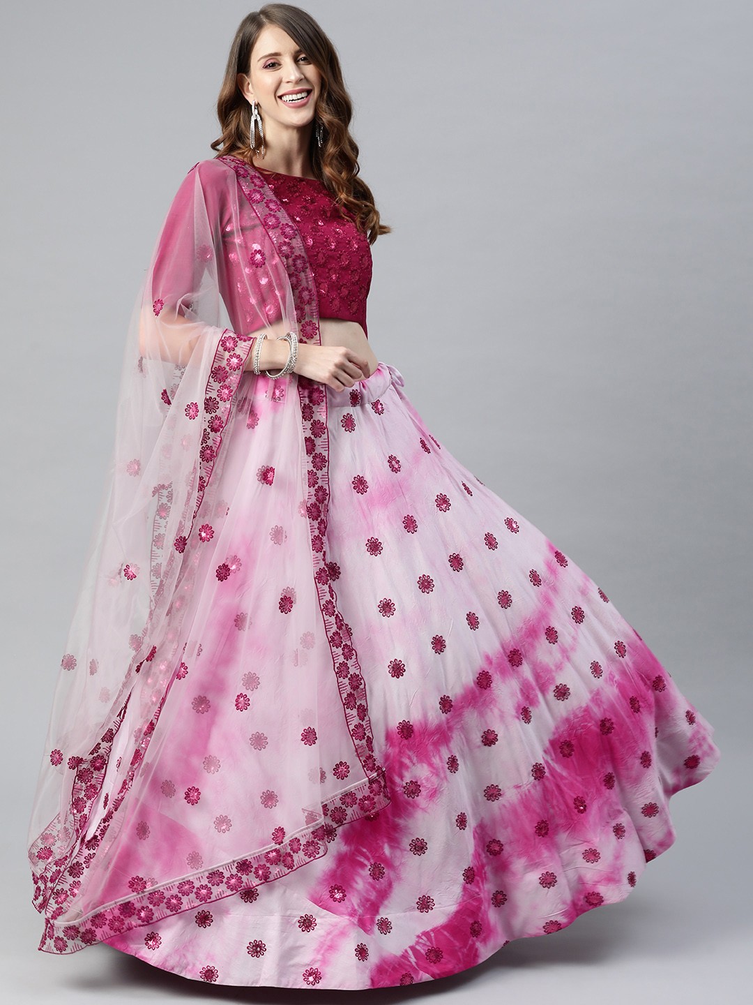 SHUBHKALA Pink & Magenta Embroidered Sequinned Shibori Semi-Stitched Lehenga & Unstitched Blouse With
SHUBHKALA Pink & Magenta Embroidered Sequinned Shibori Semi-Stitched Lehenga & Unstitched Blouse With