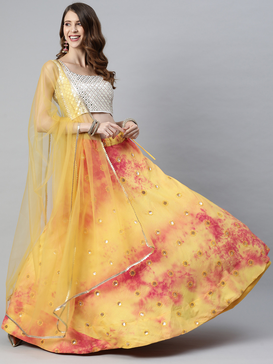 SHUBHKALA Yellow & Grey Embroidered Sequinned Shibori Semi-Stitched Lehenga & Unstitched Blouse With Dupatta
SHUBHKALA Yellow & Grey Embroidered Sequinned Shibori Semi-Stitched Lehenga & Unstitched Blouse With Dupatta