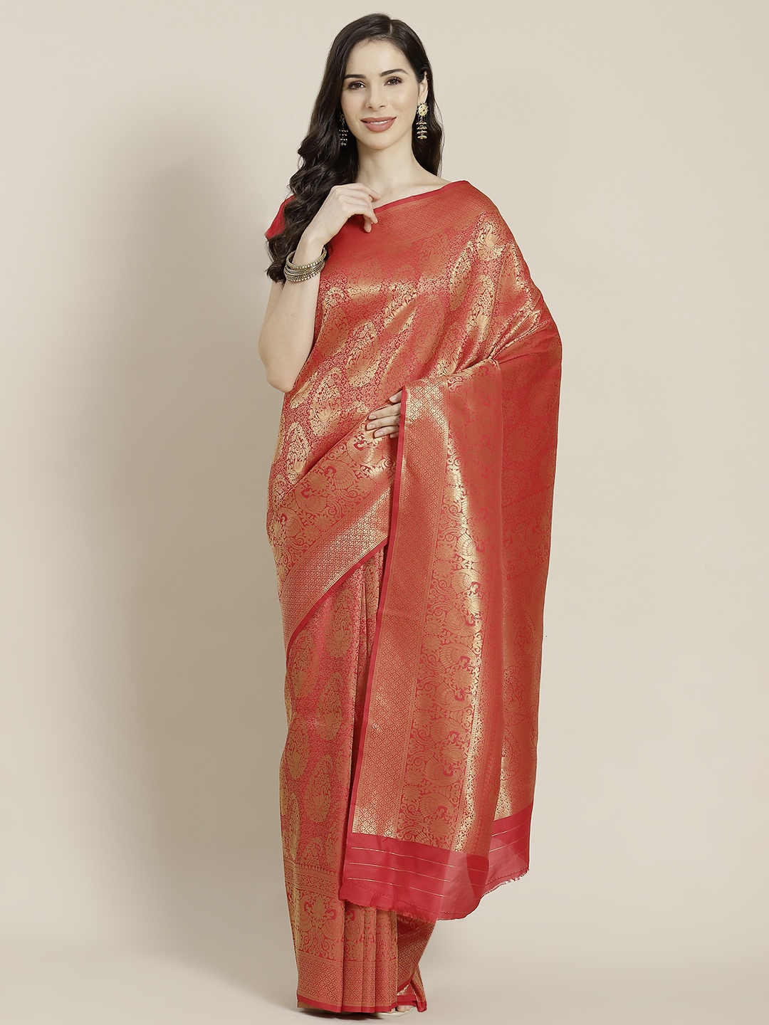 Mitera Coral Pink & Golden Paisley Design Kanjeevaram Saree