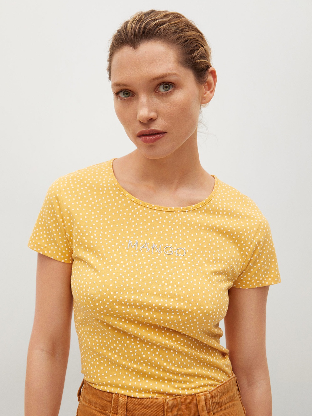 MANGO Women Mustard Yellow White Polka Dots Printed Recycled Cotton Pure Cotton T-shirt
MANGO Women Mustard Yellow White Polka Dots Printed Recycled Cotton Pure Cotton T-shirt
