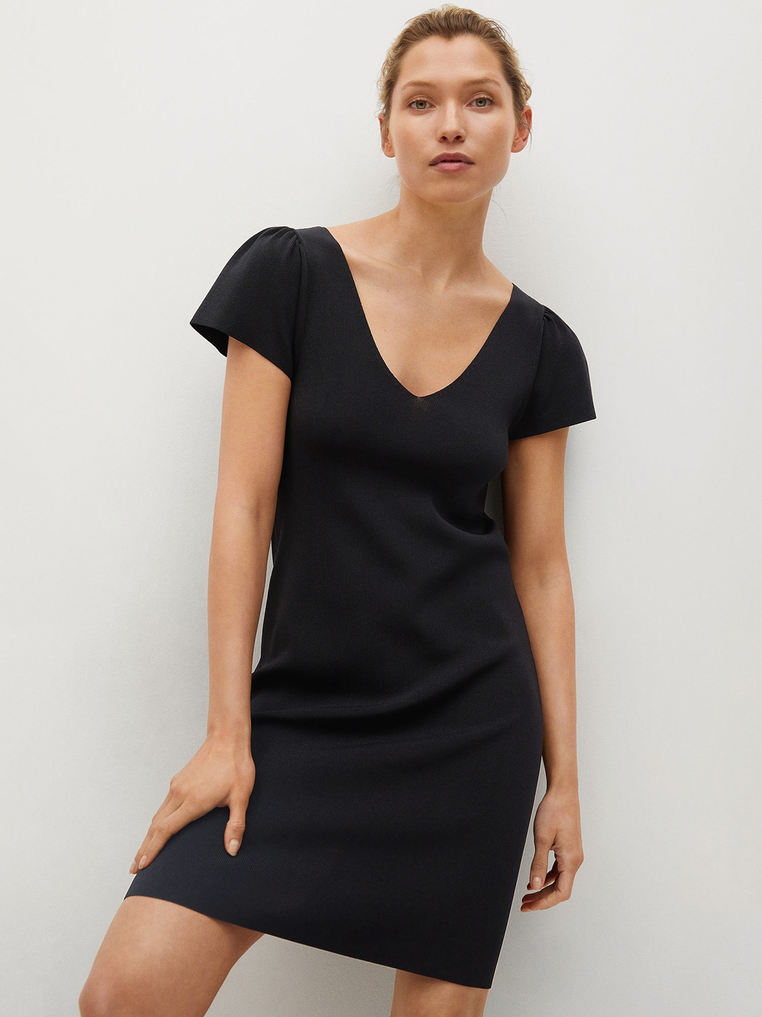 MANGO Women Black Solid A-Line Dress with Tie-up