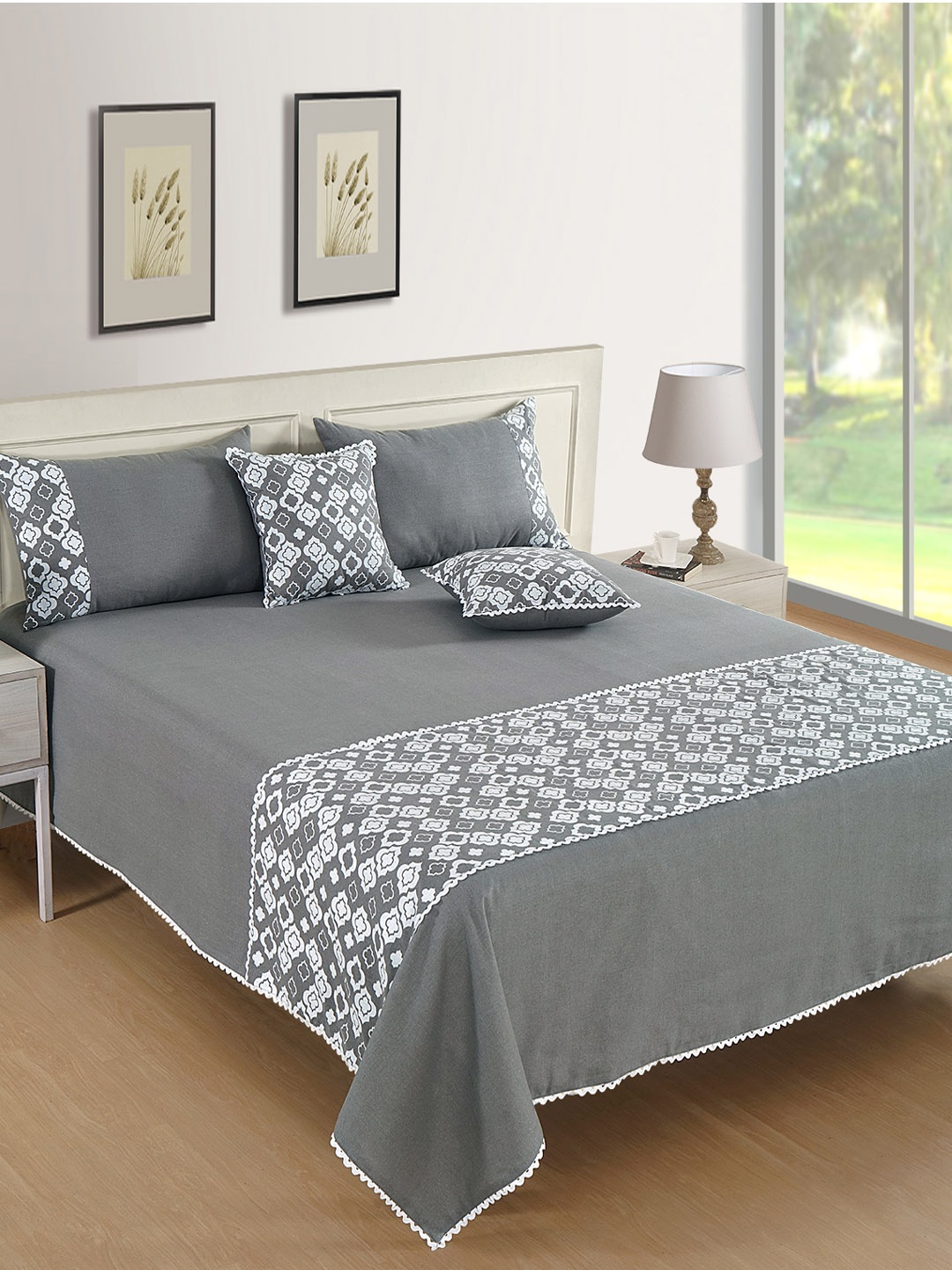 SWAYAM Set Of 5 Grey & White Ethnic Motifs 120TC Pure Cotton Bed Cover With Pillow & Cushion Covers
SWAYAM Set Of 5 Grey & White Ethnic Motifs 120TC Pure Cotton Bed Cover With Pillow & Cushion Covers