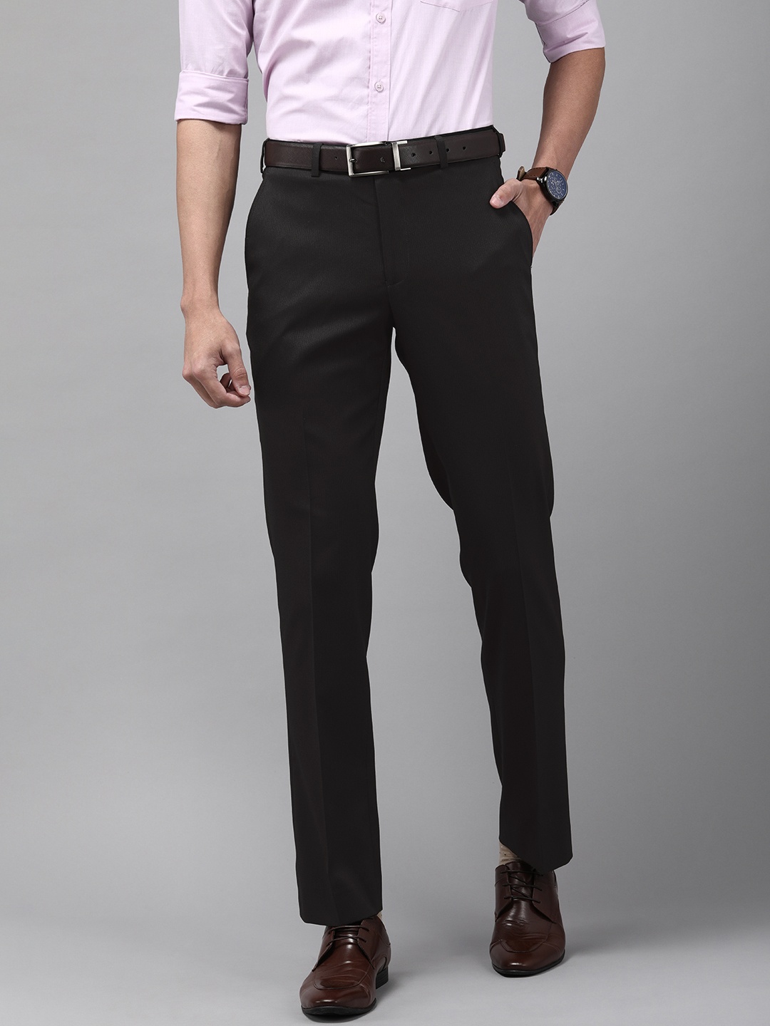 Park Avenue Men Black Striped Smart Fit Formal Trousers