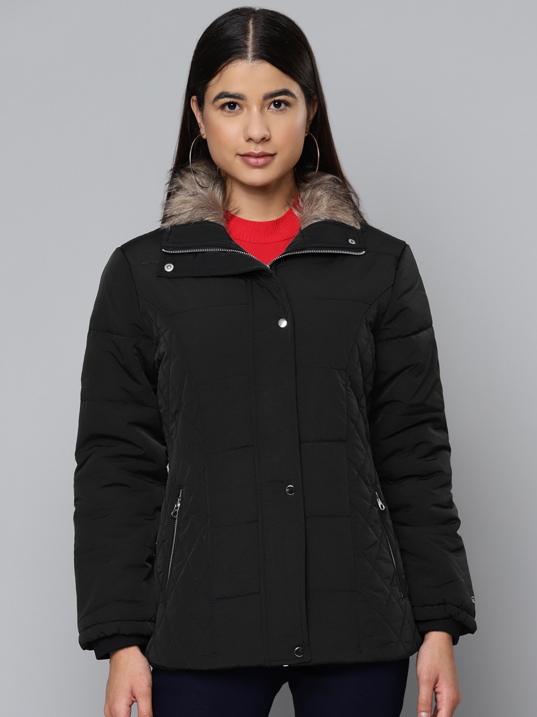 Fort Collins Women Black Solid Padded Jacket with Faux Fur Collar