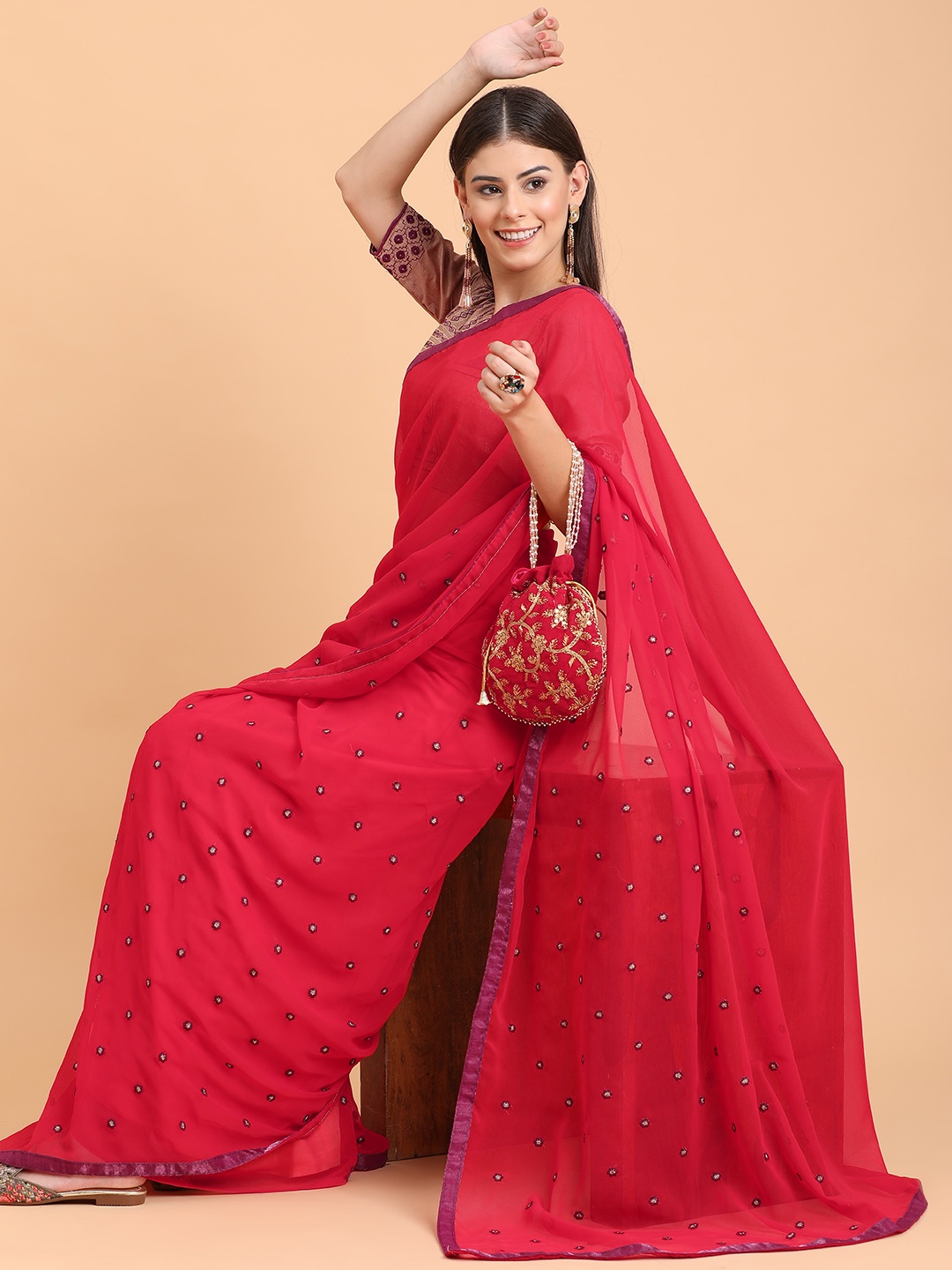 Sangria Red & Magenta Floral Embroidered Pure Georgette Saree