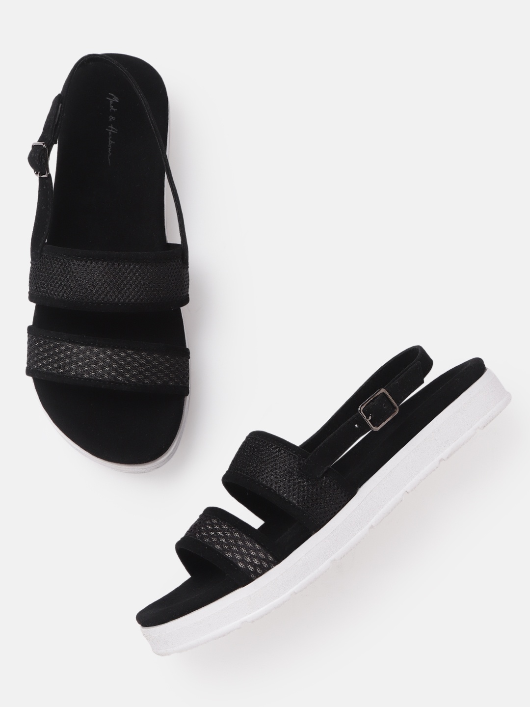 Mast & Harbour Women Black Woven Design Open Toe Flats