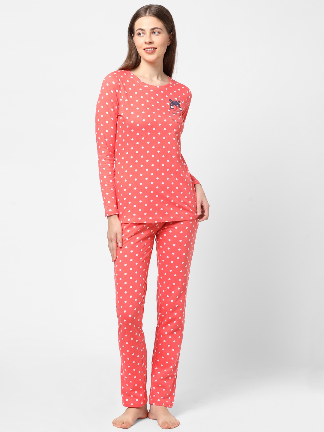 Sweet Dreams Women Coral & White Printed Night suit