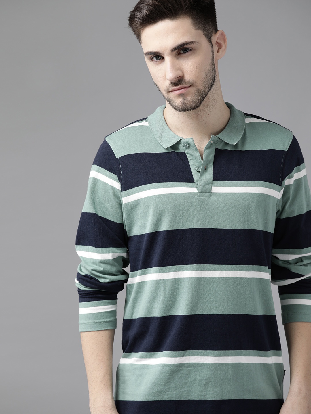 Roadster Men Green Navy Blue Pure Cotton Striped Polo Collar Pure Cotton T-shirt
Roadster Men Green Navy Blue Pure Cotton Striped Polo Collar Pure Cotton T-shirt