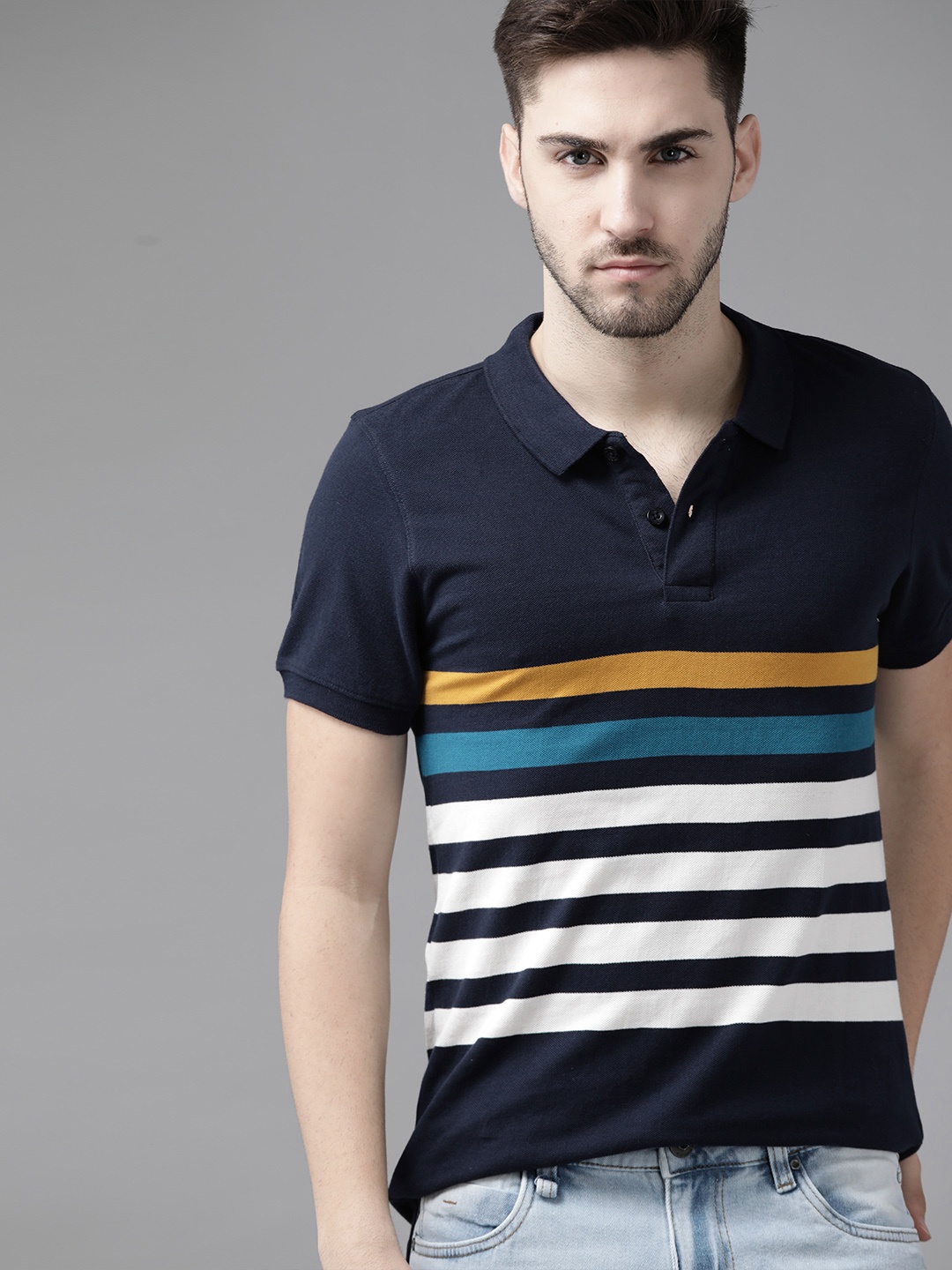 Roadster Men Navy Blue White Pure Cotton Striped Polo Collar Pure Cotton T-shirt
Roadster Men Navy Blue White Pure Cotton Striped Polo Collar Pure Cotton T-shirt