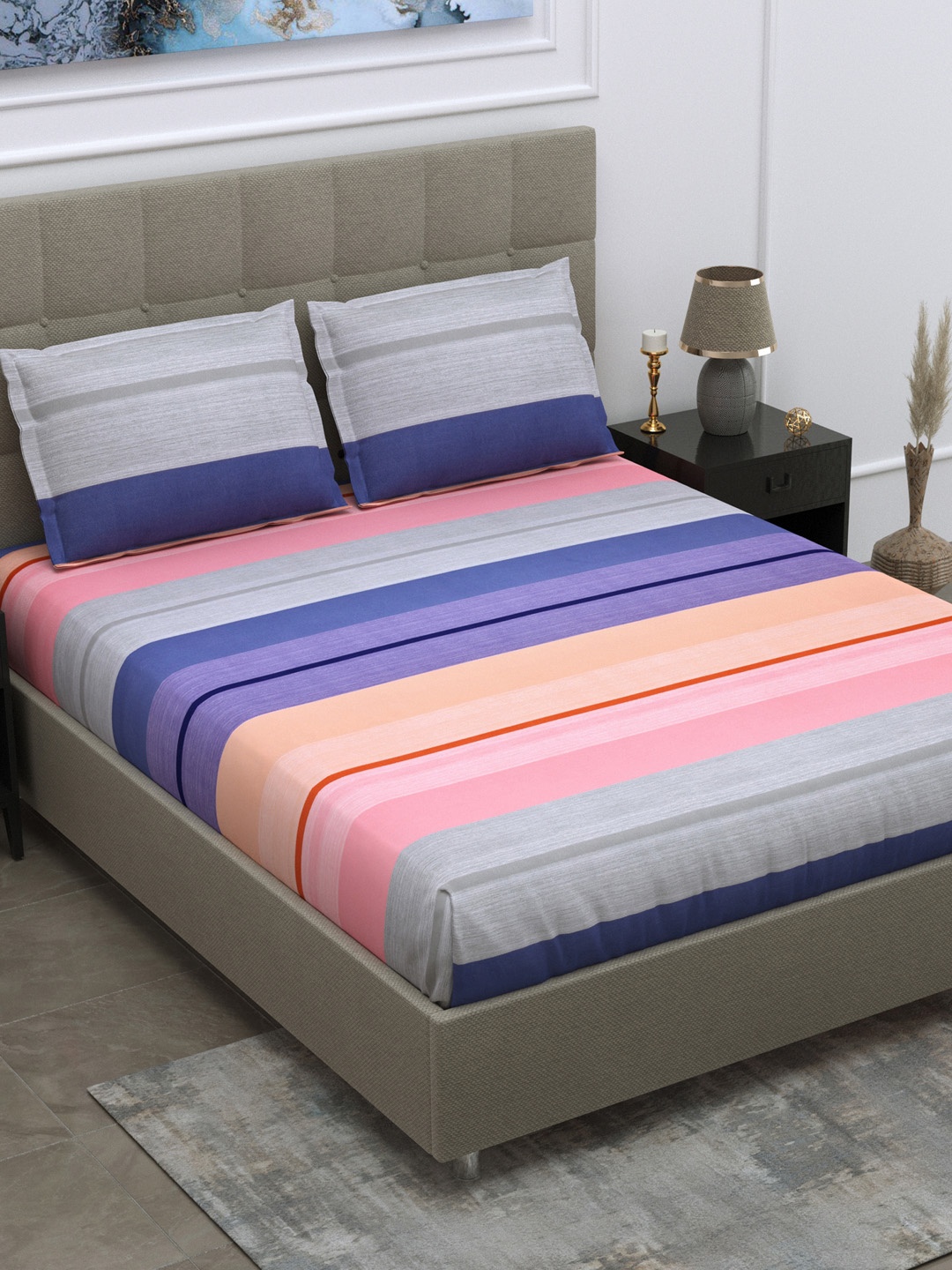 DREAM WEAVERZ Pink & Blue Striped Glazed Cotton 220 TC King Bedsheet with 2 Pillow Covers
DREAM WEAVERZ Pink & Blue Striped Glazed Cotton 220 TC King Bedsheet with 2 Pillow Covers