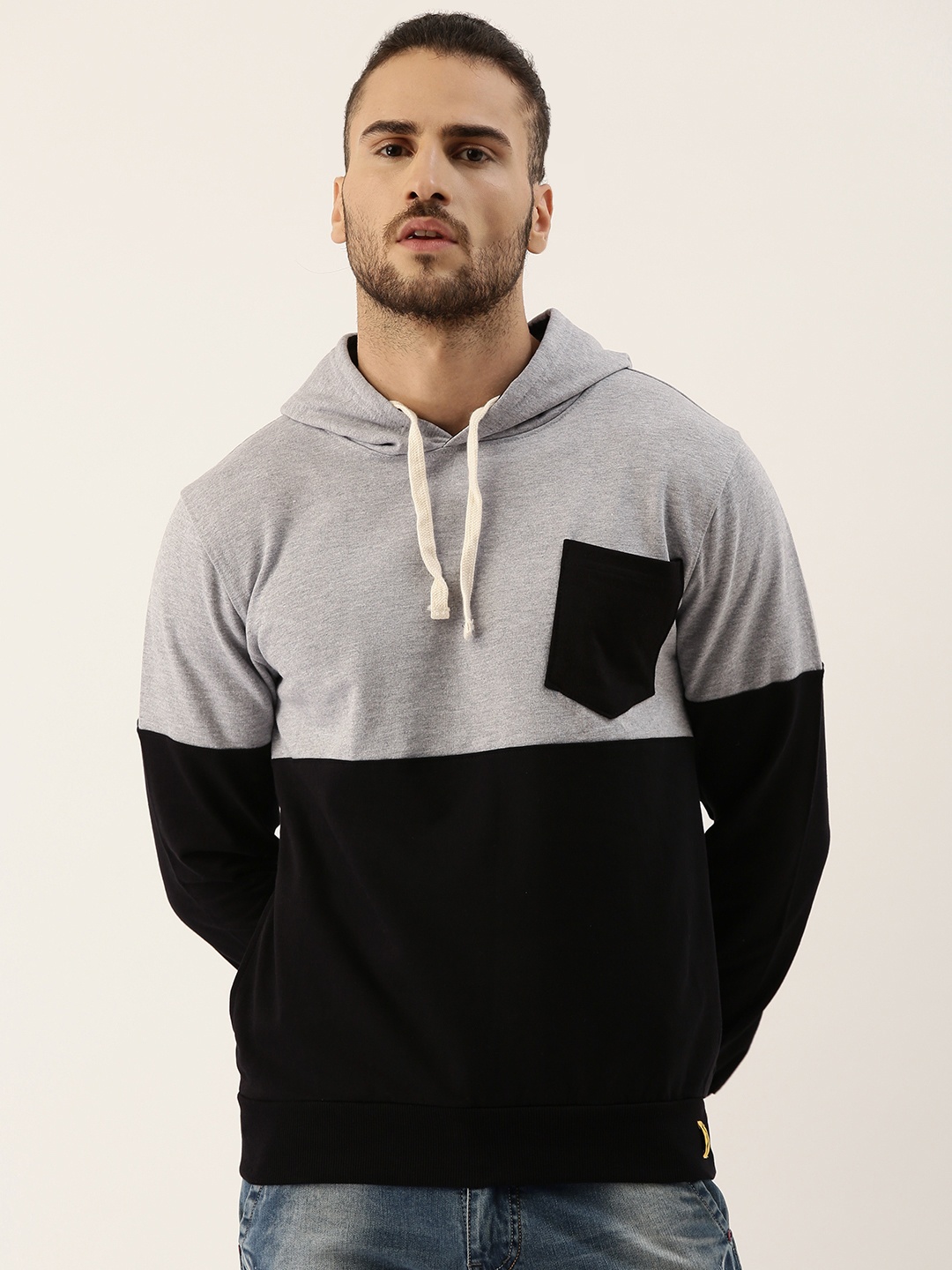 Campus Sutra Men Black & Grey Colourblocked Hooded Sweatshirt