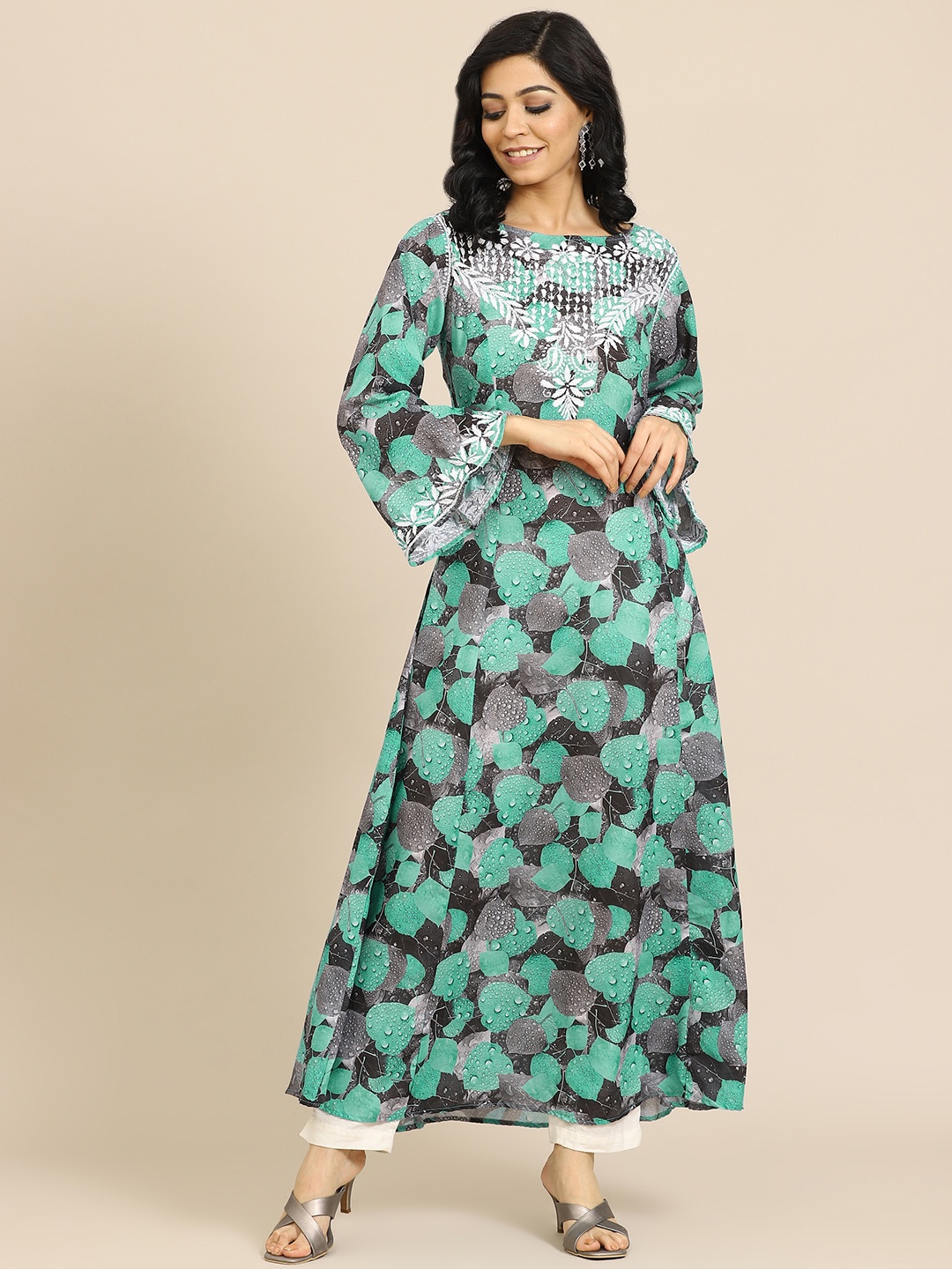 Saadgi Women Green Ethnic Motifs Embroidered Bell Sleeves Chikankari Anarkali Kurta
Saadgi Women Green Ethnic Motifs Embroidered Bell Sleeves Chikankari Anarkali Kurta