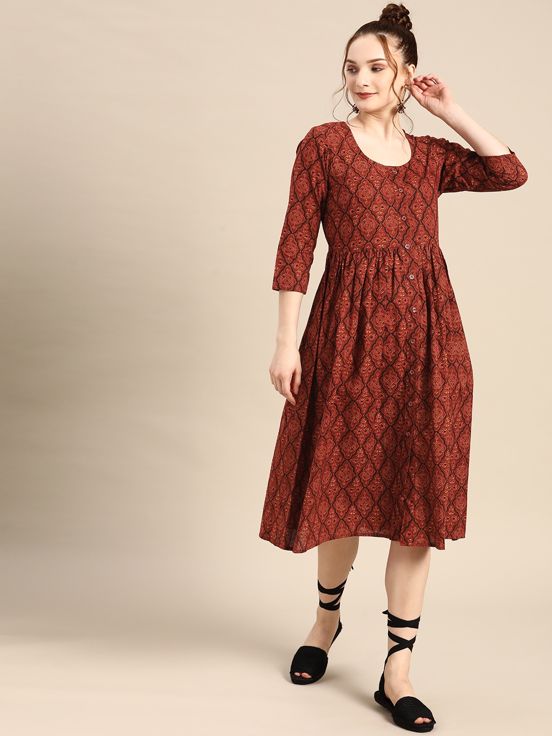 MABISH by Sonal Jain Rust Brown & Black Ethnic Motifs Gathered Waist A-Line Midi Dress
MABISH by Sonal Jain Rust Brown & Black Ethnic Motifs Gathered Waist A-Line Midi Dress