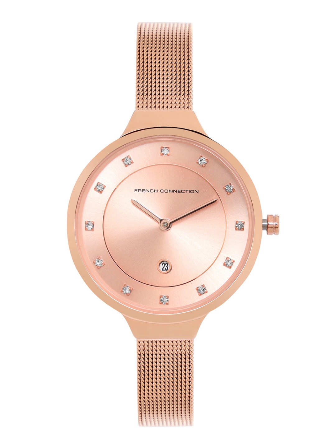 French Connection Women Rose Gold-Toned Embellished Dial & Rose Gold Toned Stainless Steel Bracelet Style Watch
French Connection Women Rose Gold-Toned Embellished Dial & Rose Gold Toned Stainless Steel Bracelet Style Watch