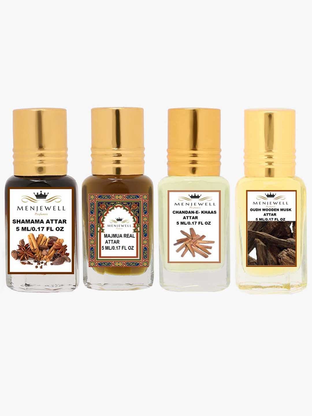 Menjewell Unisex Shamama,Majmua Real,Chandan-E-Khaas,Oudh Wooden Musk EDP-Pack of 4(20ml), Transparent
Menjewell Unisex Shamama,Majmua Real,Chandan-E-Khaas,Oudh Wooden Musk EDP-Pack of 4(20ml), Transparent