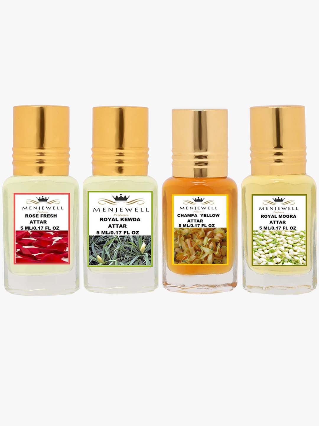 Menjewell Unisex Rose Fresh, Royal Kewda, Champa Yellow, Royal Mogra EDP-Pack of 4(20ml), Transparent
Menjewell Unisex Rose Fresh, Royal Kewda, Champa Yellow, Royal Mogra EDP-Pack of 4(20ml), Transparent