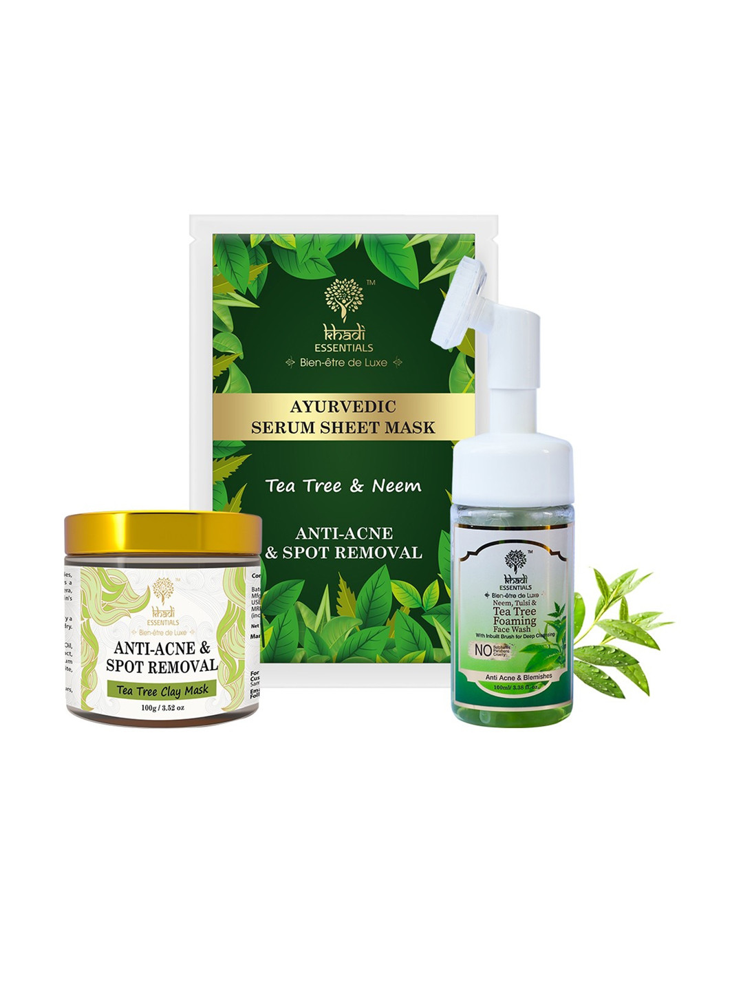 KHADI ESSENTIALS Combo of Tea Tree Clay Mask, Serum Sheet Mask & Foaming Face Wash, Green
KHADI ESSENTIALS Combo of Tea Tree Clay Mask, Serum Sheet Mask & Foaming Face Wash, Green