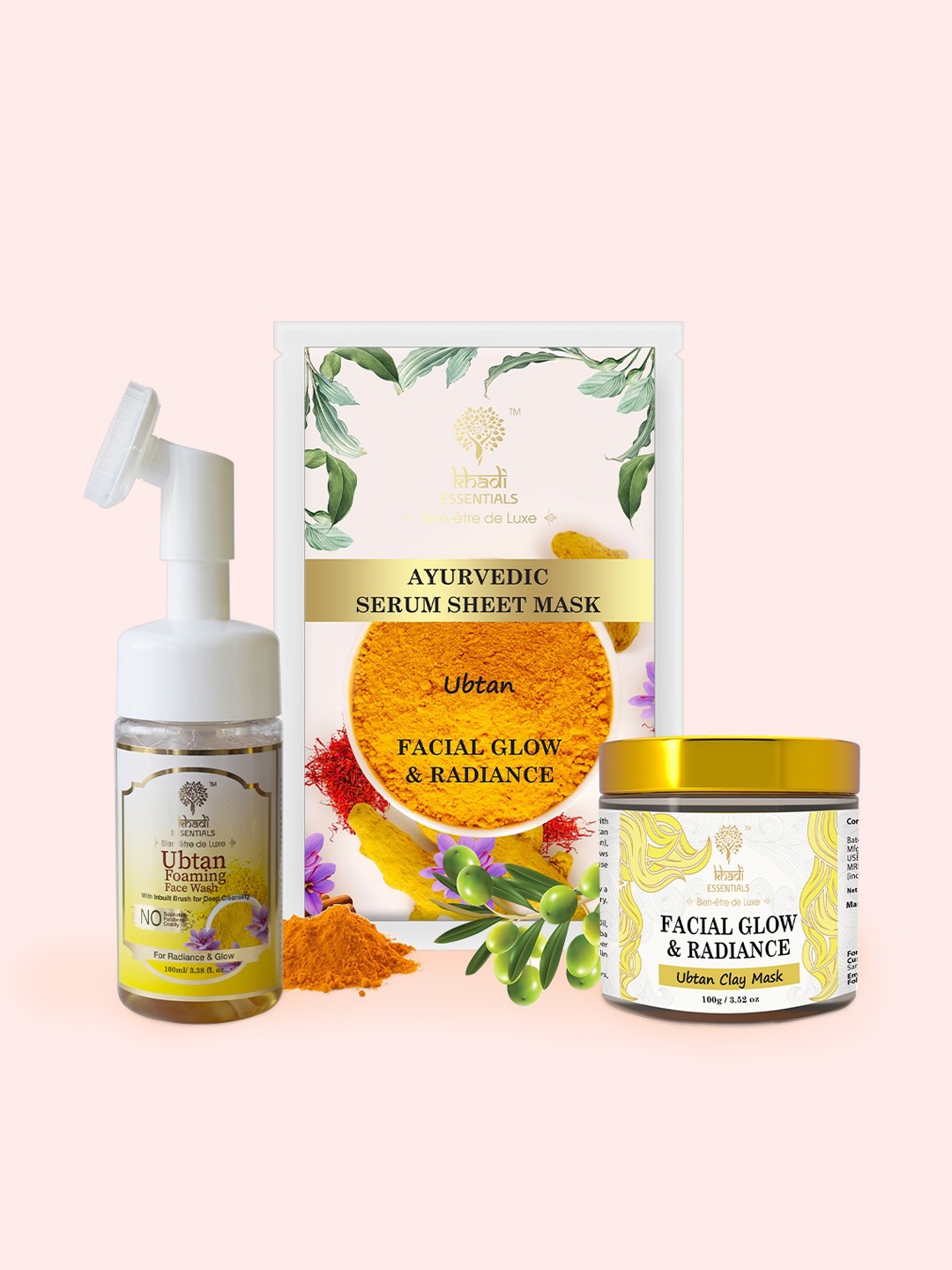 KHADI ESSENTIALS Ubtan Clay Mask, Serum Sheet Mask & Foaming Face Wash Combo, Yellow
KHADI ESSENTIALS Ubtan Clay Mask, Serum Sheet Mask & Foaming Face Wash Combo, Yellow
