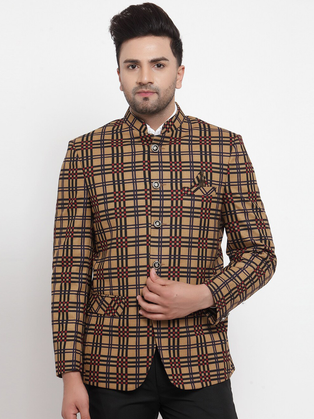 KLOTTHE Men Beige & Navy Blue Checked Slim-Fit Bandhgala Wool Blend Casual Blazer
KLOTTHE Men Beige & Navy Blue Checked Slim-Fit Bandhgala Wool Blend Casual Blazer