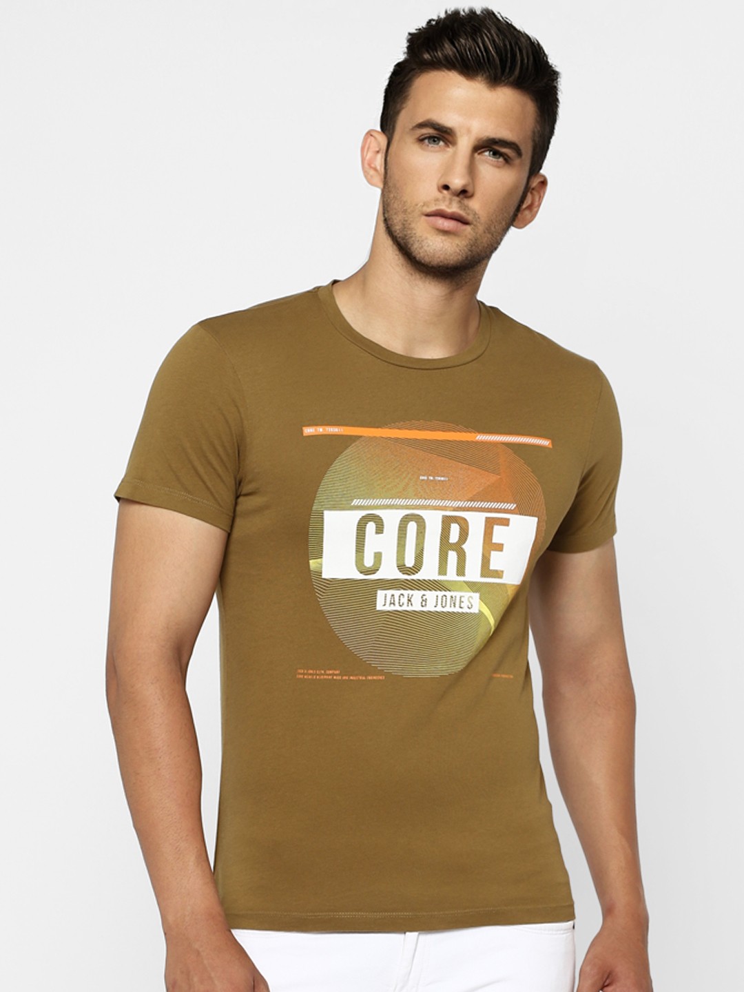 Jack & Jones Men Camel Brown Typography Printed Slim Fit T-shirt