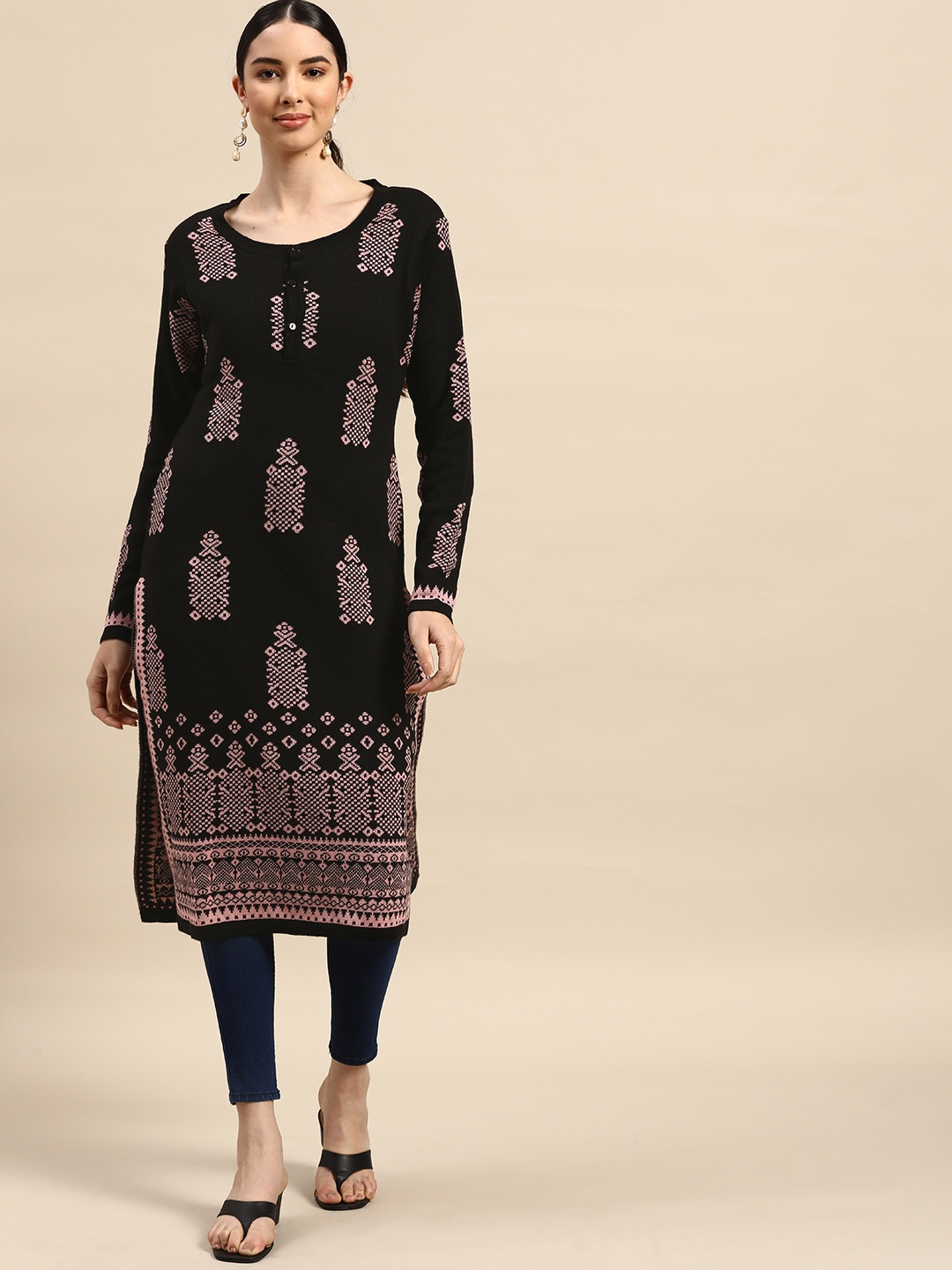Anouk Women Black & Pink Ethnic Woven Design Winter Kurta