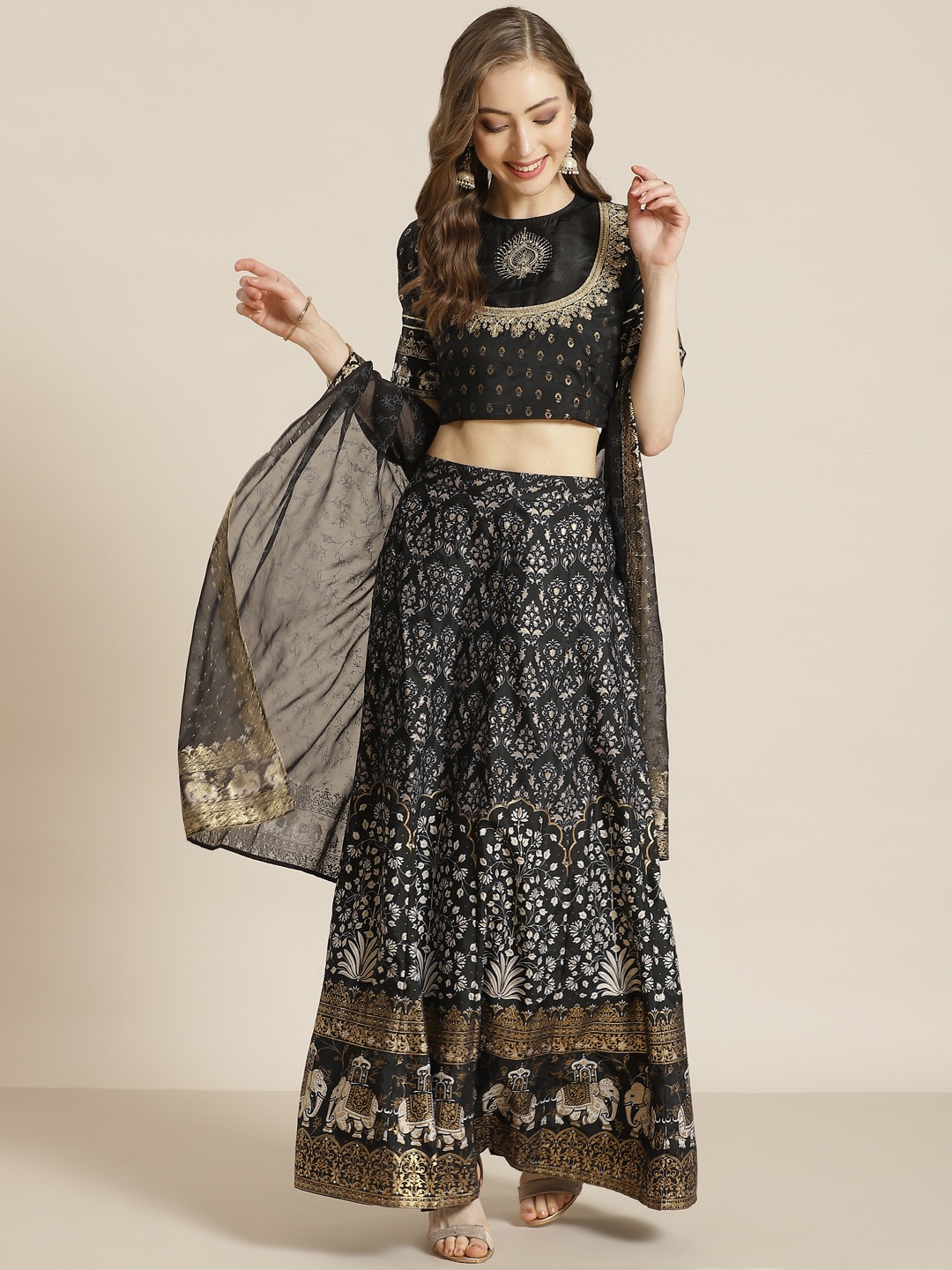 Juniper Black & Golden Motifs Print Foil Ready to Wear Lehenga & Blouse With Dupatta
Juniper Black & Golden Motifs Print Foil Ready to Wear Lehenga & Blouse With Dupatta