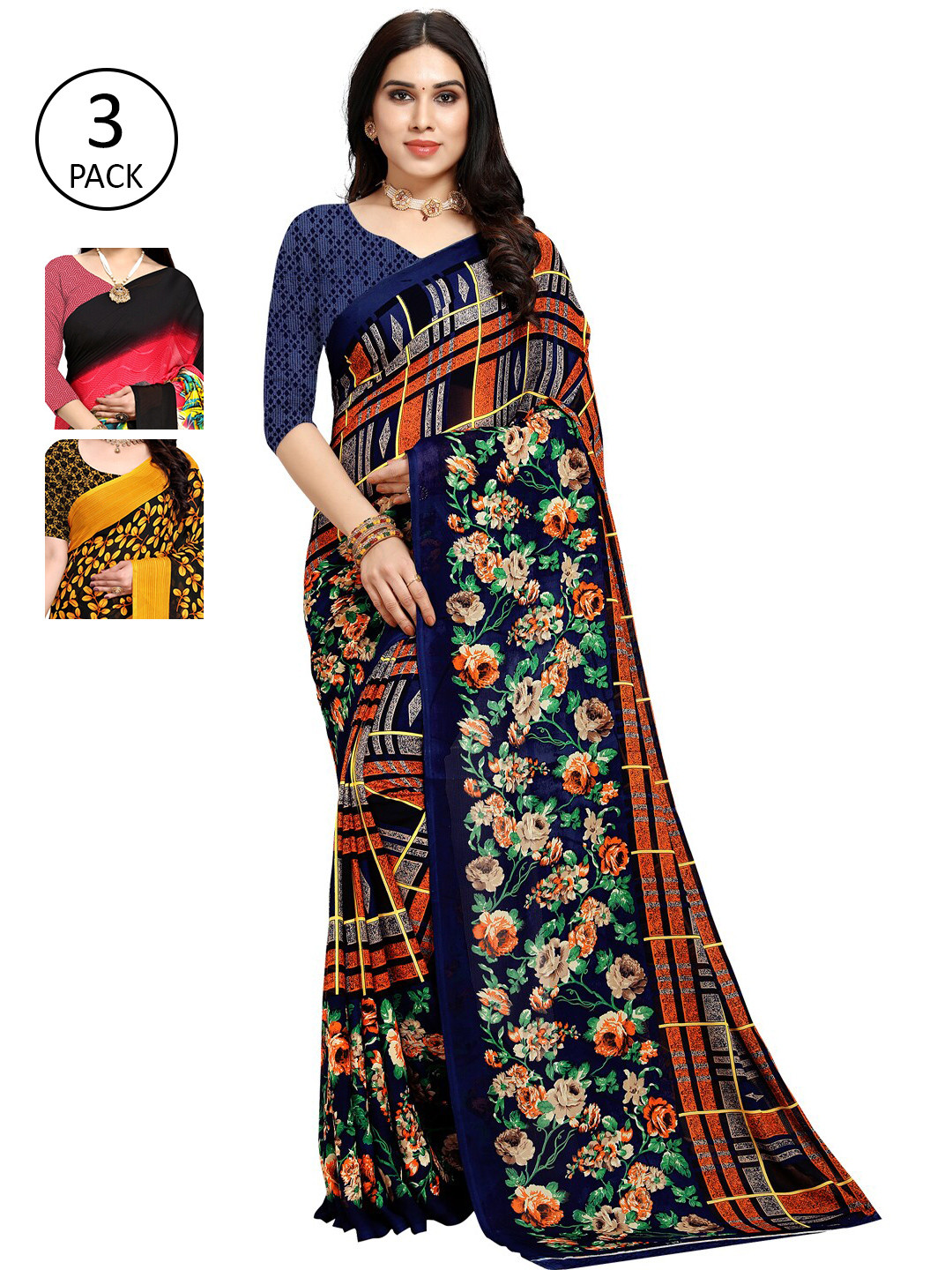 KALINI Pack Of 3 Printed Sarees, Navy blue
KALINI Pack Of 3 Printed Sarees, Navy blue