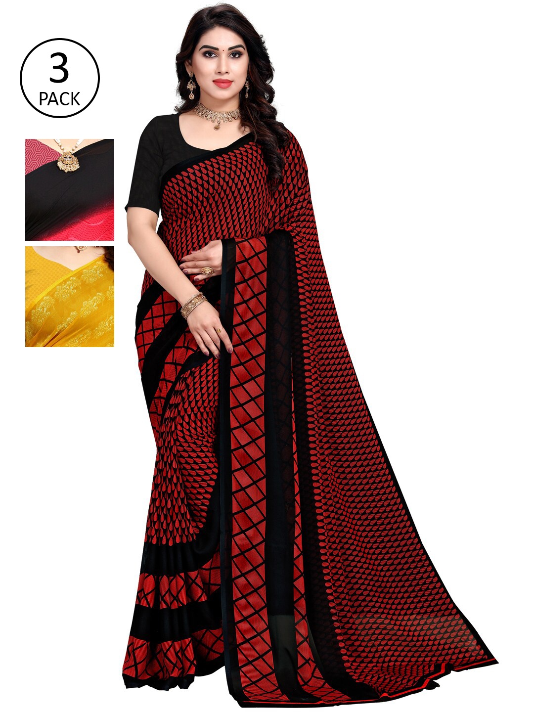 KALINI Pack Of 3 Printed Sarees, Black