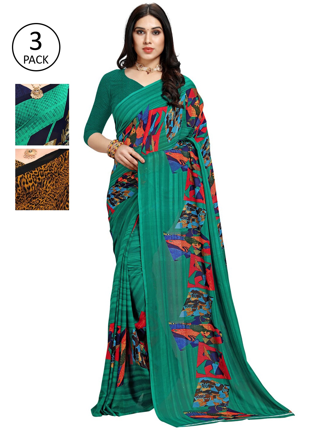 KALINI Pack Of 3 Green & Yellow Saree