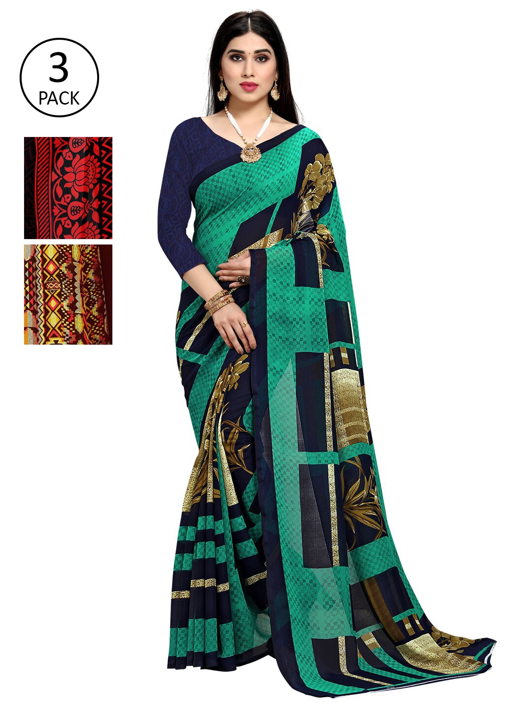 KALINI Pack Of 3 Printed Saree, Teal