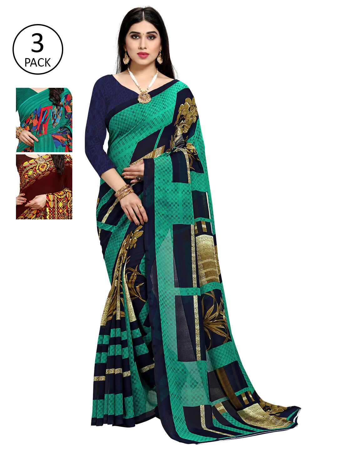KALINI ack of 3 Poly Georgette Sarees, Green