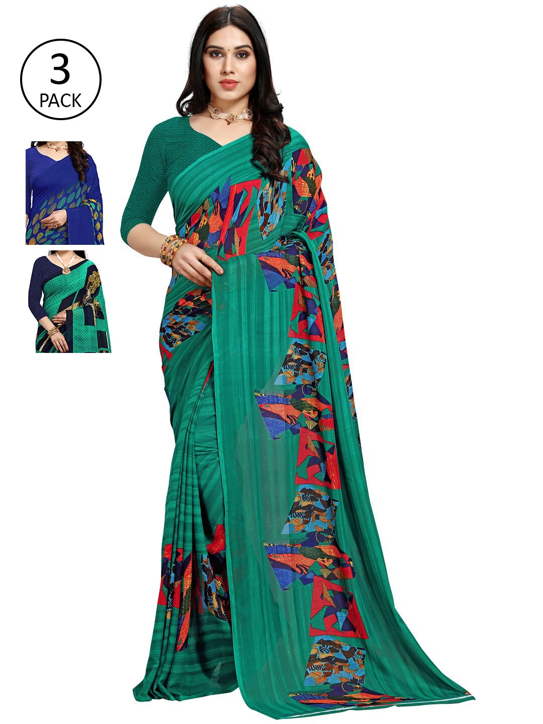 KALINI Pack Of 3 Printed Sarees, Green