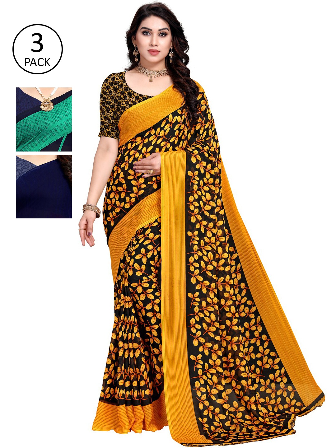 KALINI Pack of 3 Poly Georgette Sarees, Green