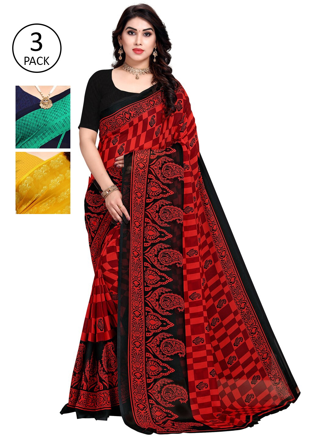 KALINI Pack Of 3 Printed Saree, Teal