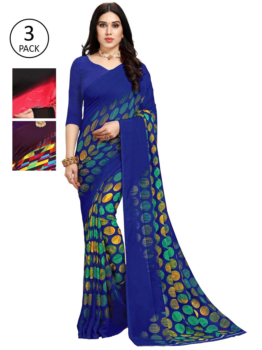 KALINI Pack Of 3 Blue & Pink Saree