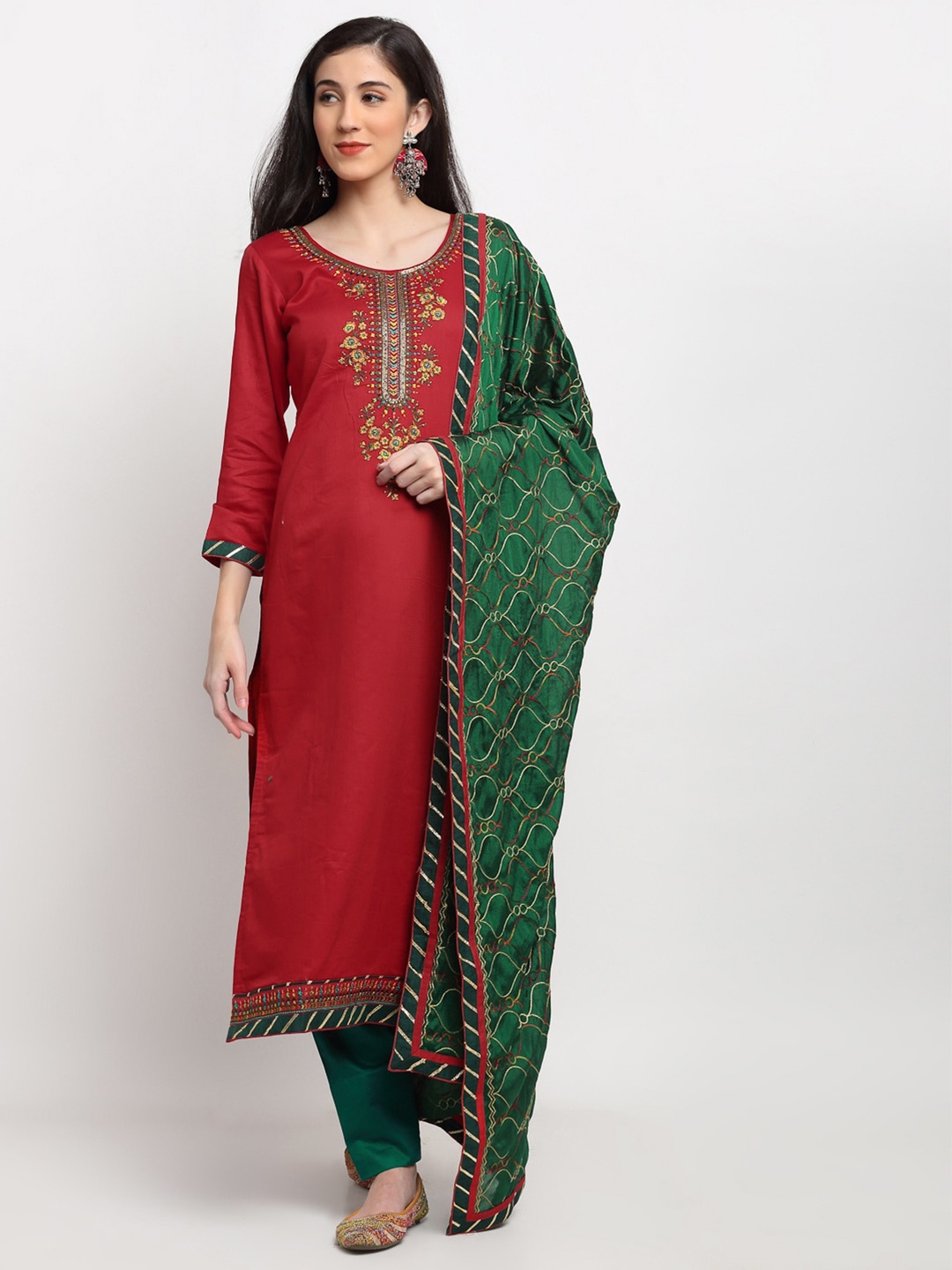 SheWill Red & Green Embroidered Unstitched Dress Material